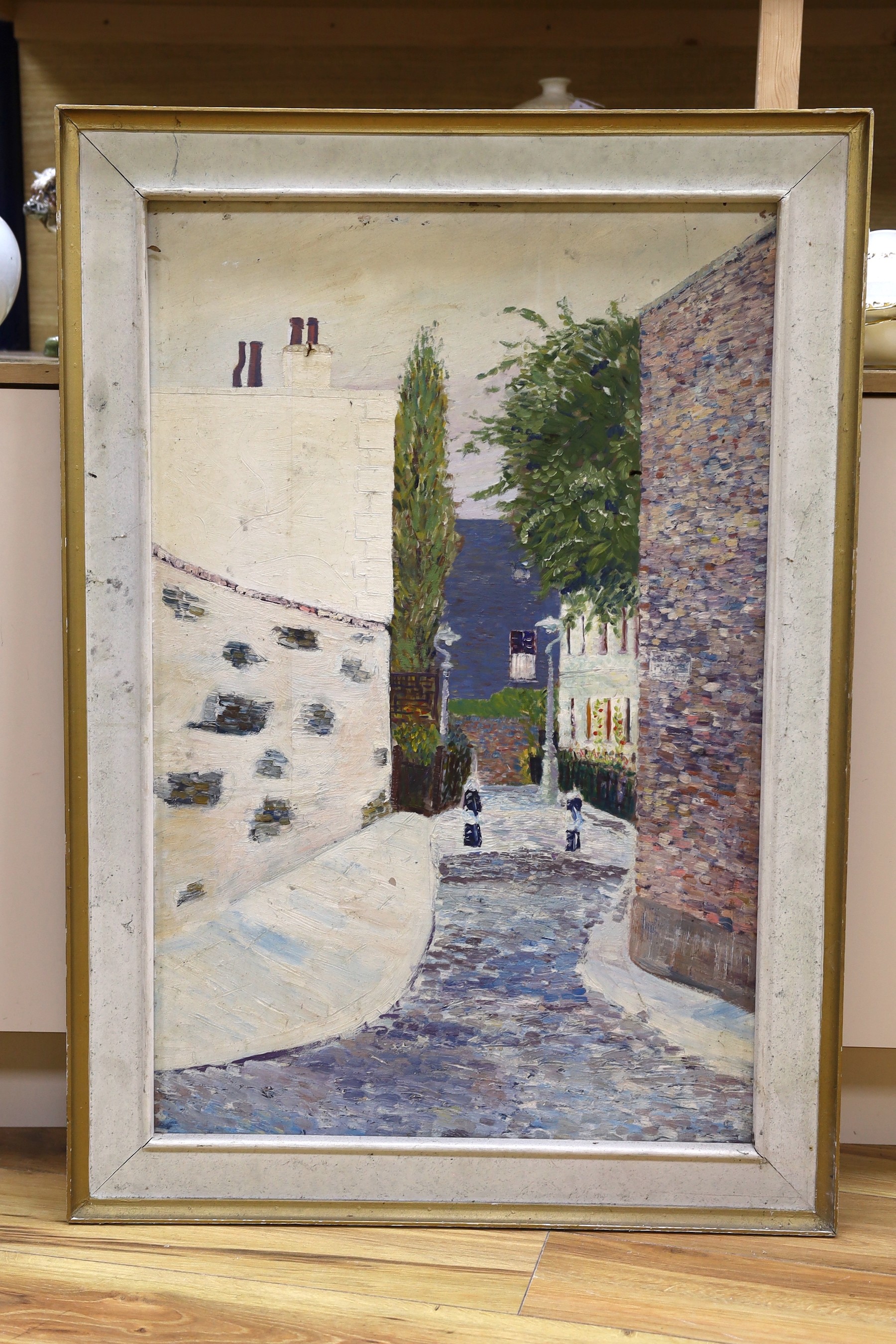 Modern British, oil on board, Street scene, 90 x 59cm